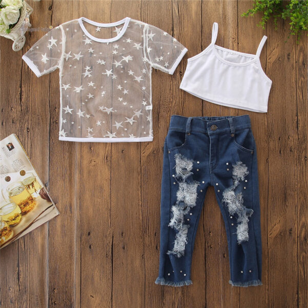 Toddler Kids Girls Short Sleeve Star T-shirt Tops Hole Denim pants pearl Jeans 2PCS Clothing Set - Image 3