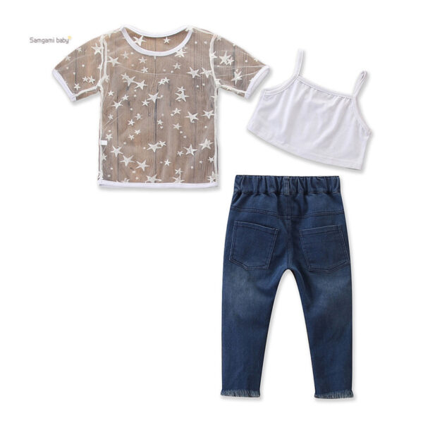 Toddler Kids Girls Short Sleeve Star T-shirt Tops Hole Denim pants pearl Jeans 2PCS Clothing Set - Image 2