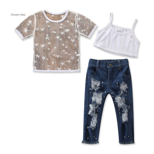 Toddler Kids Girls Short Sleeve Star T-shirt Tops Hole Denim pants pearl Jeans 2PCS Clothing Set - Image 4