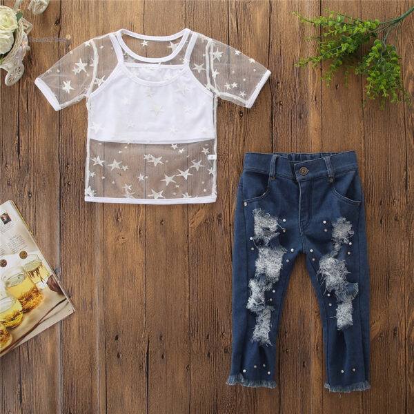 Toddler Kids Girls Short Sleeve Star T-shirt Tops Hole Denim pants pearl Jeans 2PCS Clothing Set - Image 5