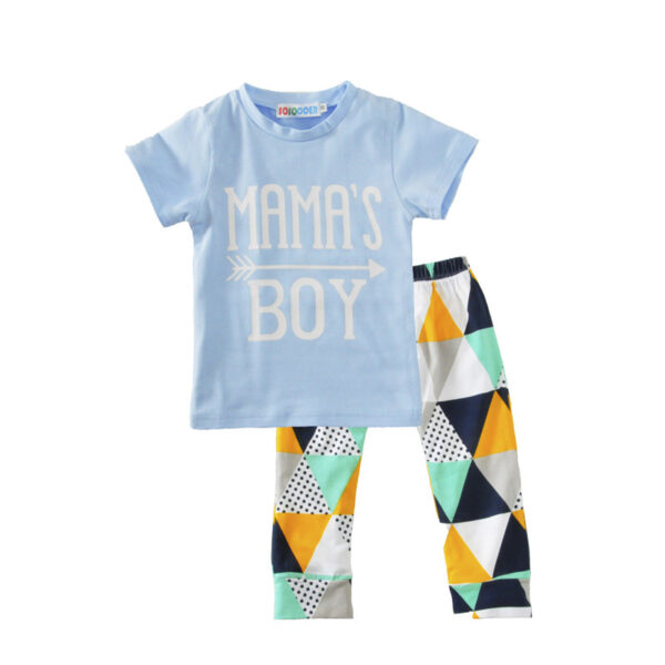 Children's Clothing Boy Suit Short-Sleeved T-Shirt Blue Letter Arrow Geometric Pants Baby Two-Piece Suit - Image 3