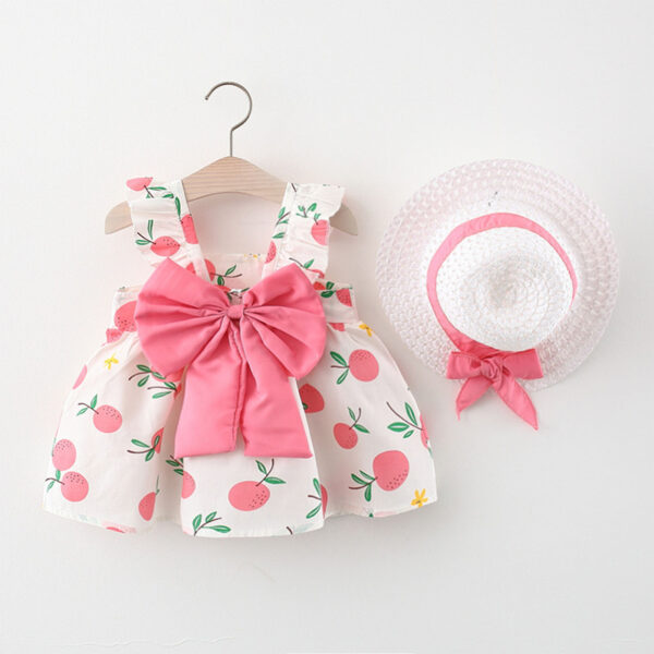 Baby Girls Sling Dress Bow Sleeveless Halter Fluffy Princess Dress with Folding Sun Hat for Toddler Infant Pink Baby Height 100cm - Image 2