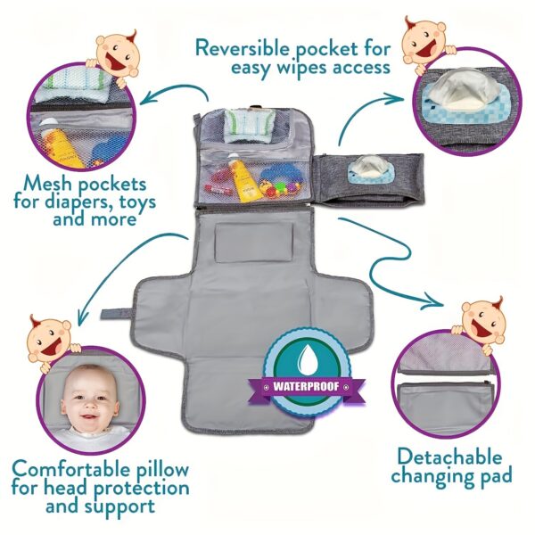 Waterproof Portable Diaper Changing Pad With Head Cushion And Smart Wipes Pocket - Image 3